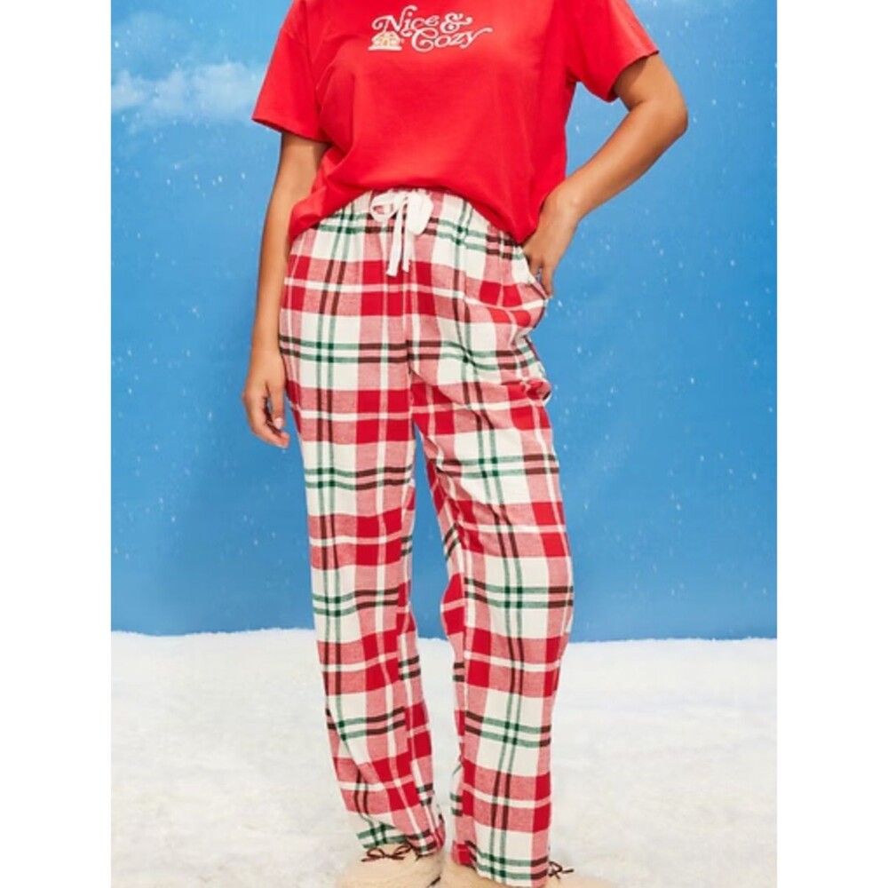 Old Navy Flannel Pajama Pants NEW Mid Rise Red Plaid Medium Red Cream Green